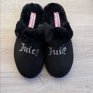 Juicy Couture Black Crystal-Embellished Plush Slippers
